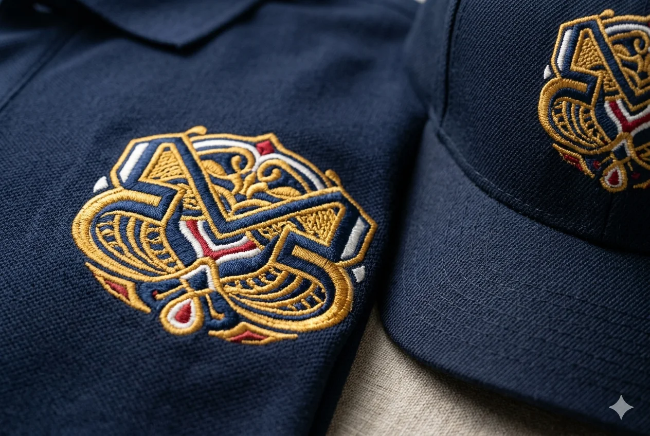 Custom embroidery on a polo shirt and cap — premium thread detail