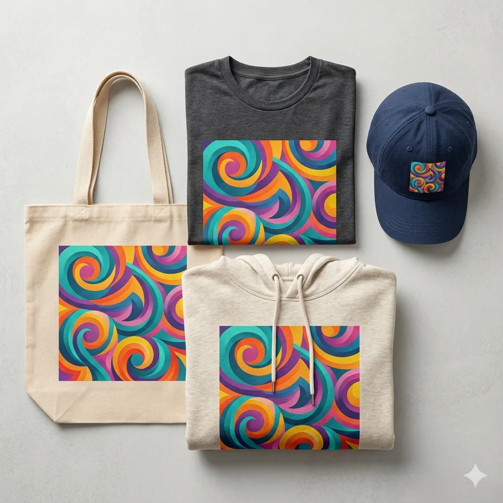 Custom-printed apparel — t-shirt, hoodie, cap and tote with full-color prints