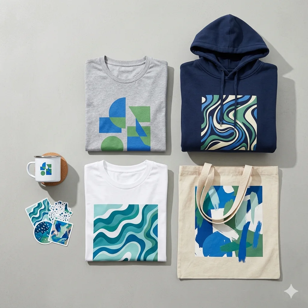 Custom branded merch — tee, mug, tote bag and stickers