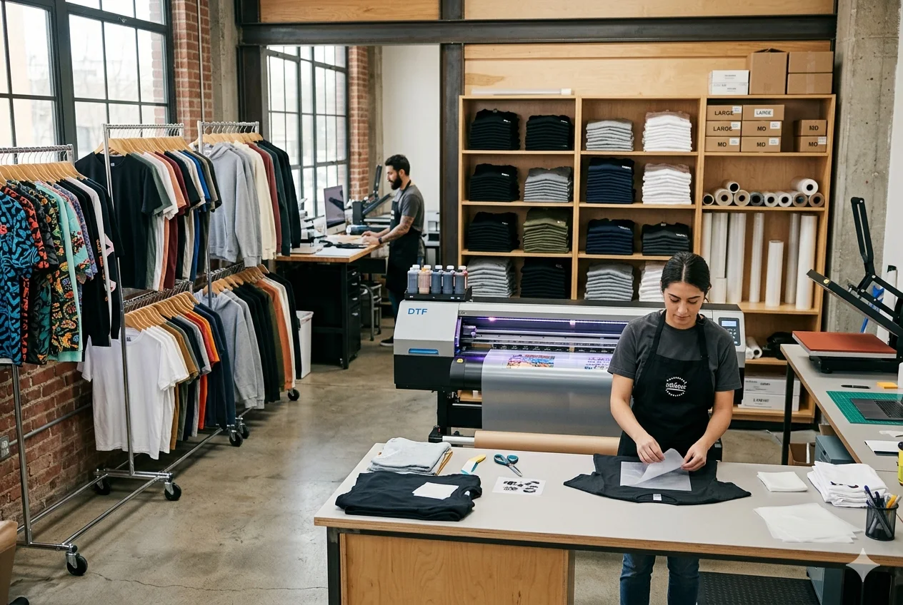 AAA Custom production floor — DTF printing and custom apparel finishing in the USA