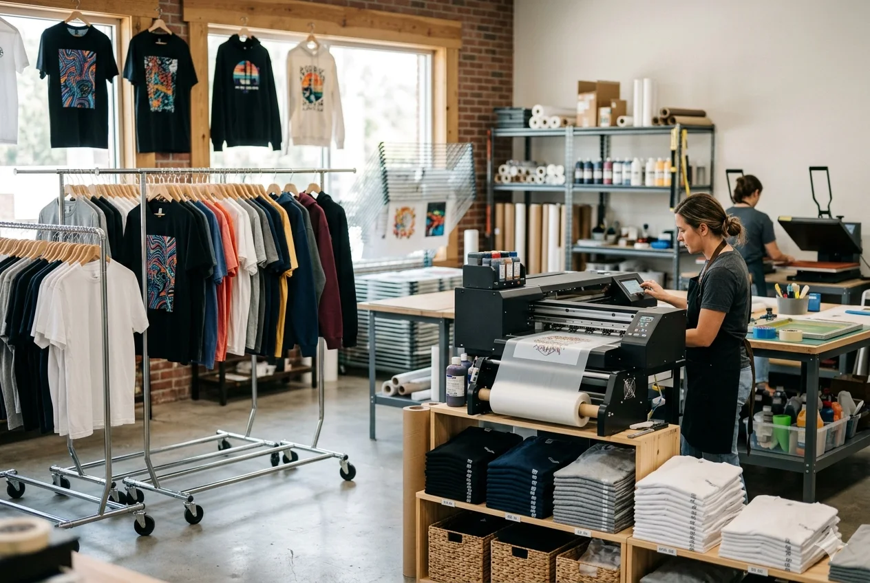 AAA Custom apparel printing studio in the USA — racks of printed garments and a DTF transfer printer